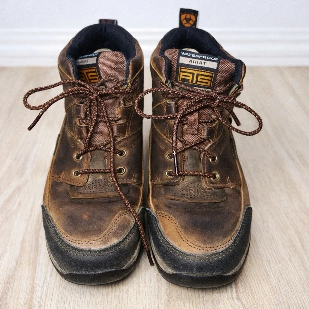 Ariat ATS Waterproof Brown Leather Work Boots Lace Up Men Size 8B Durable